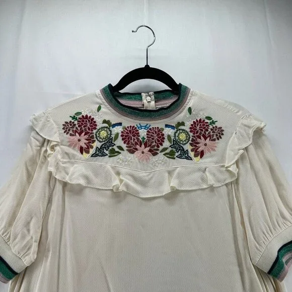 A Picture's Worth Top Womens L Embroidered Ruffled Yoke Short Sleeve Off White - Picture 3 of 11